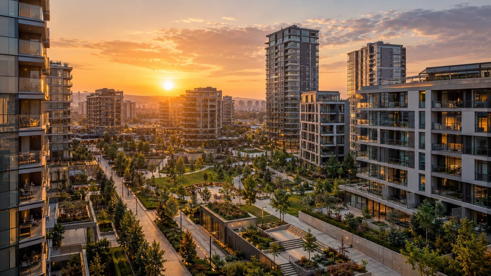 Gün batımında peyzajlı meydanı ile planlı bir karma kullanım yerleşkesi