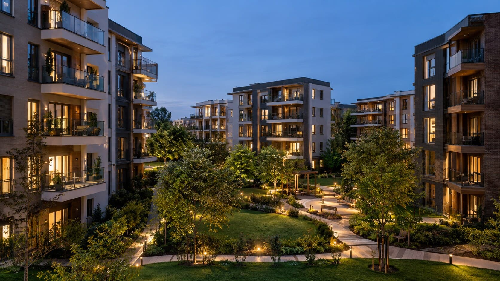 Peyzajlı iç avlusu ile aydınlatılmış modern konut kompleksi