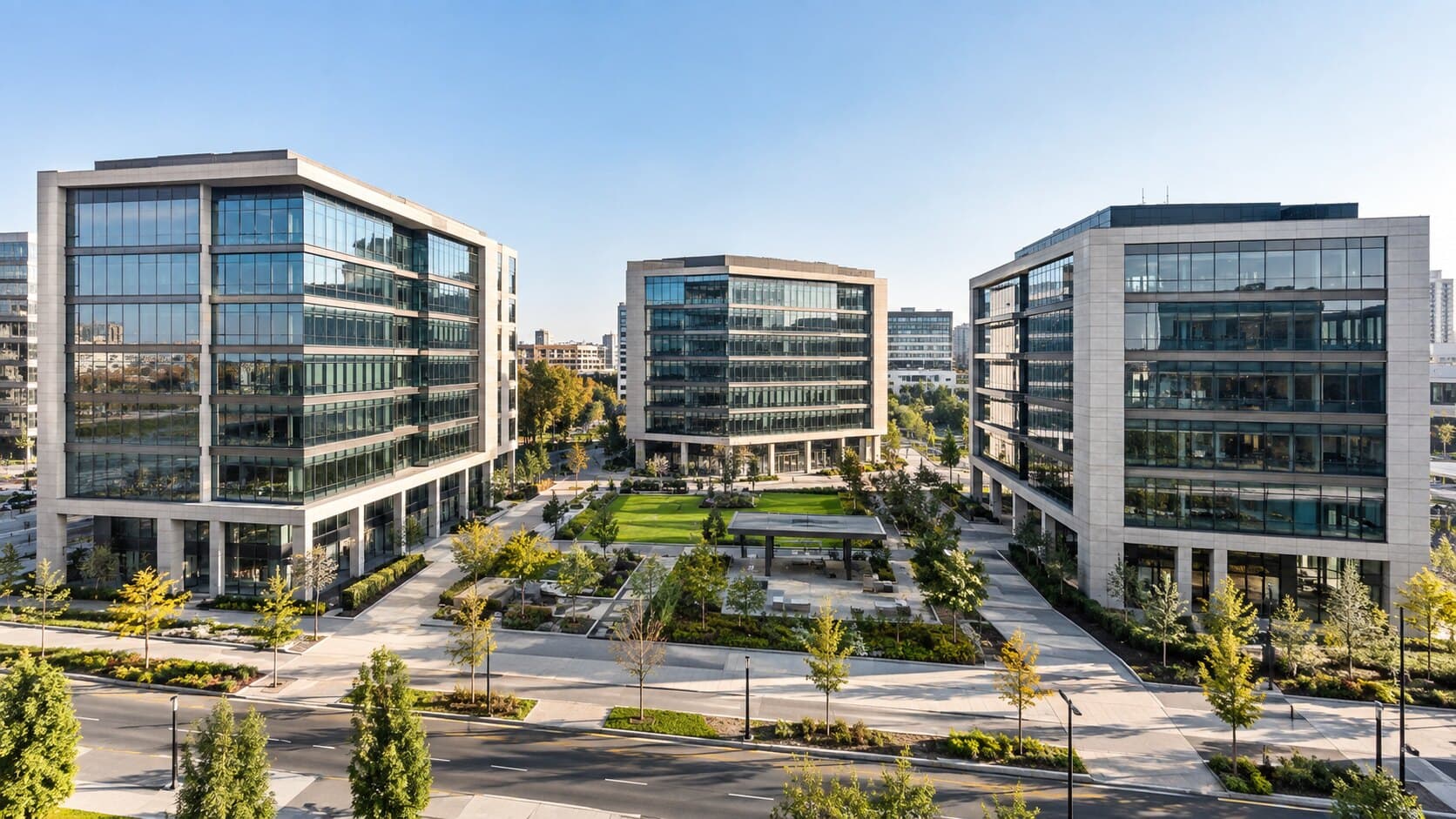 Peyzajlı avlulu modern ofis kampüsü
