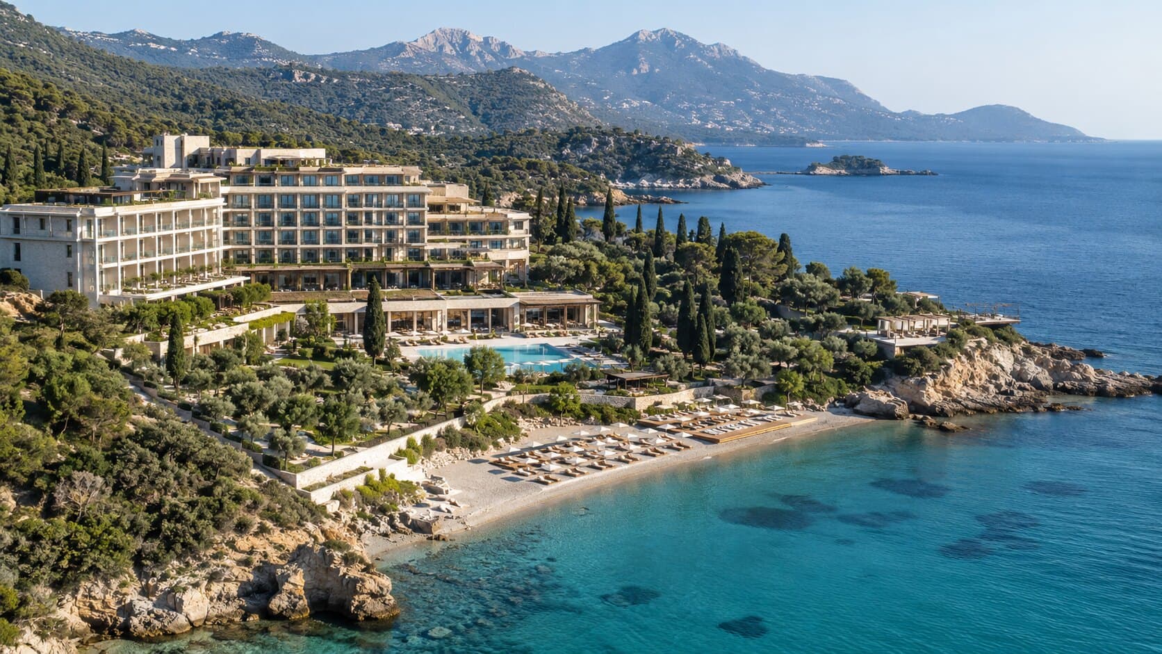Turkuaz denize kıyı kayalık bir koydaki butik tatil oteli