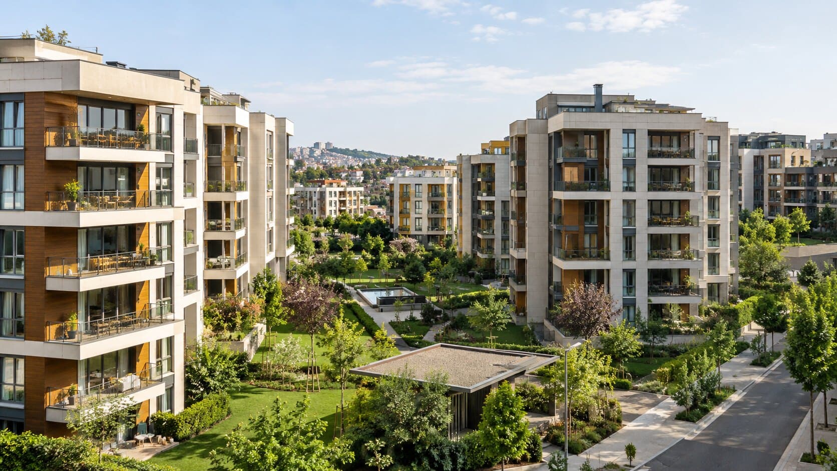 Peyzajlı iç avlusu ile modern konut kompleksi