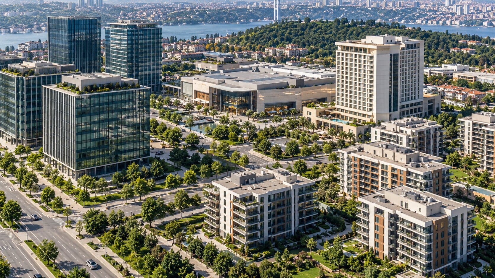 Ofis, konut, ticaret ve otel yapılarından oluşan çeşitli gayrimenkul portföyü