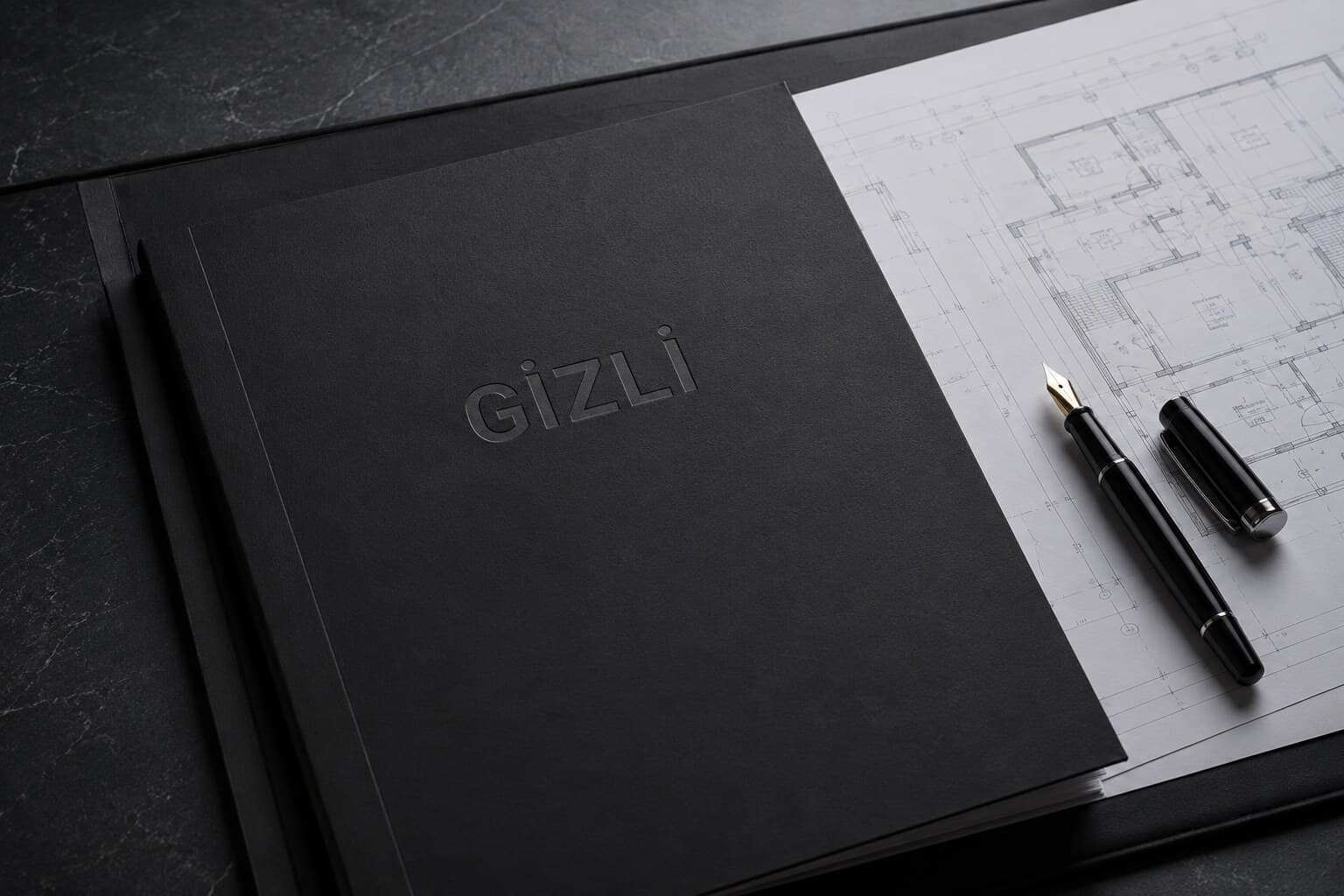 GİZLİ ibareli kurumsal dosya, teknik çizimler ve dolma kalem